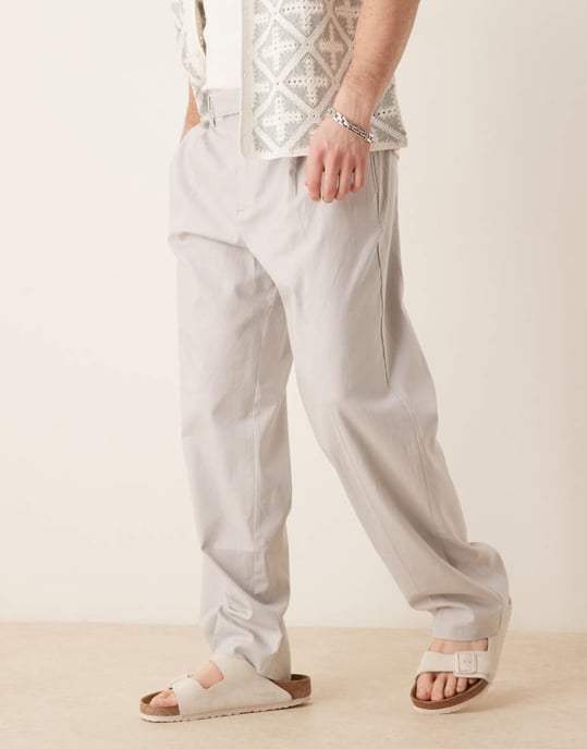 ASOS DESIGN smart wide leg linen blend trousers with front pleat in light grey - Image 3