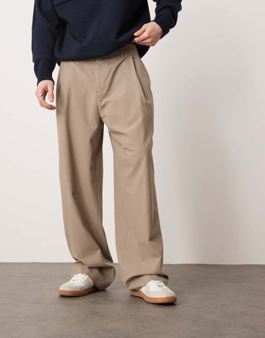 ASOS DESIGN smart wide leg trousers with deep pleat in stone - Image 1