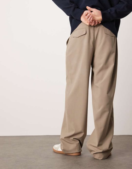 ASOS DESIGN smart wide leg trousers with deep pleat in stone - Image 2