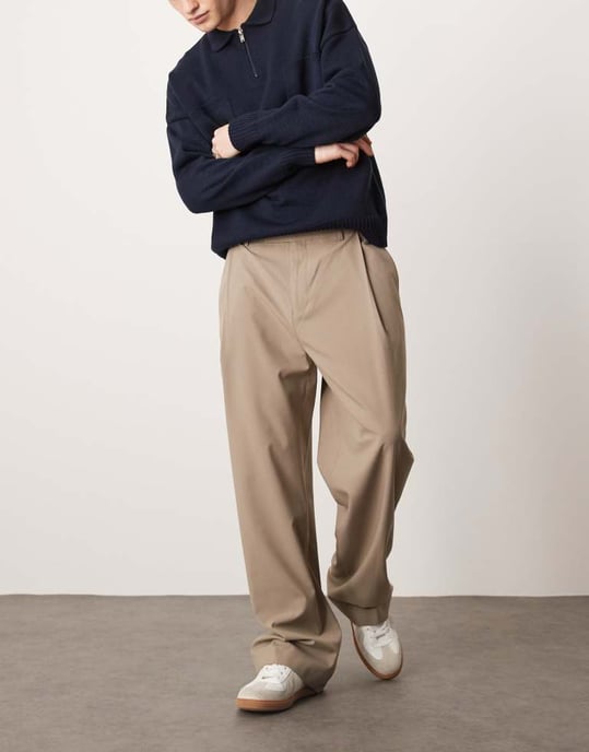 ASOS DESIGN smart wide leg trousers with deep pleat in stone - Image 3