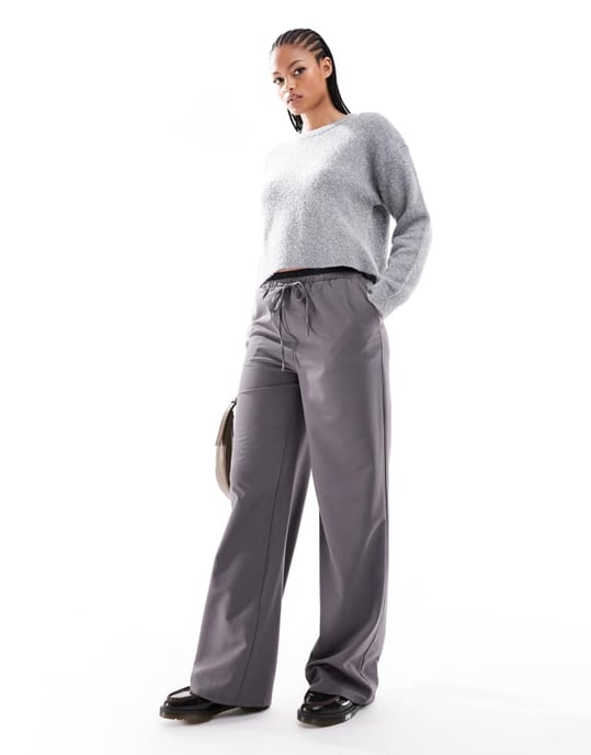 ASOS DESIGN Långa skräddarsydda vida byxor med kontrasterande midjeband i kolsvart - Image 2