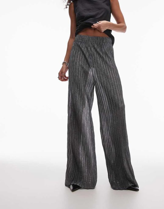 Topshop breda metallic genomskinliga byxor i svart och silver - Image 4