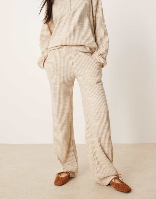 ASOS DESIGN brushed rib co-ord wide leg jogger in cream - Image 2