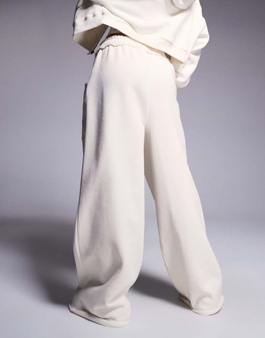 Weekend Collective co-ord wide leg seamed joggers with embroidered logo in cream - Image 4