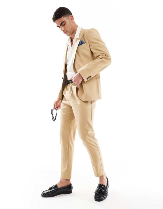 ASOS DESIGN linneblandning tapered kostymbyxor i beige - Image 1