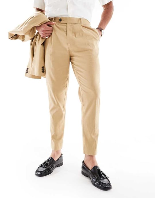 ASOS DESIGN linneblandning tapered kostymbyxor i beige - Image 2