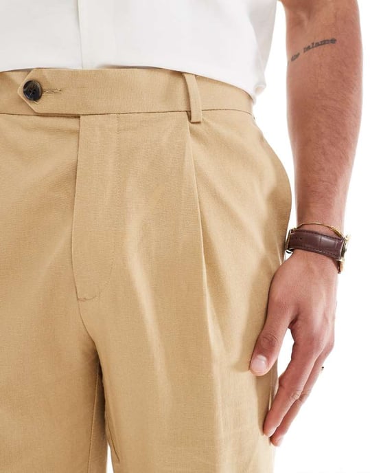 ASOS DESIGN linneblandning tapered kostymbyxor i beige - Image 3
