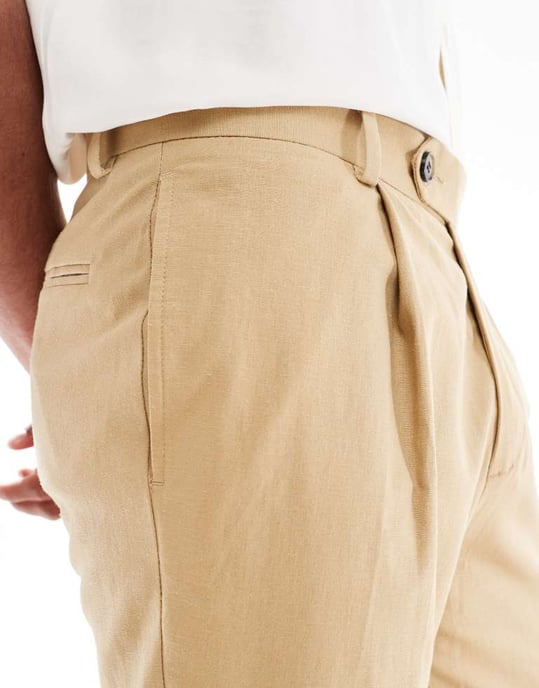 ASOS DESIGN linneblandning tapered kostymbyxor i beige - Image 4