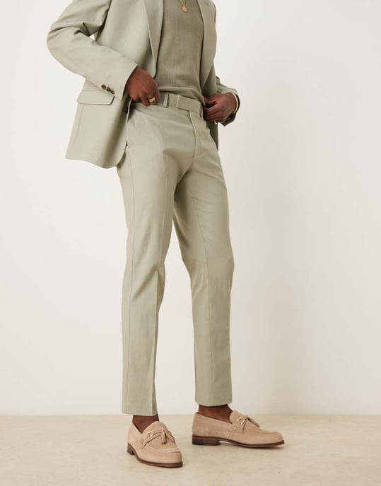 ASOS DESIGN linen blend slim suit trousers in sage green - Image 3