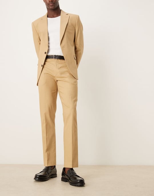 ASOS DESIGN linen blend slim suit trousers in beige - Image 2