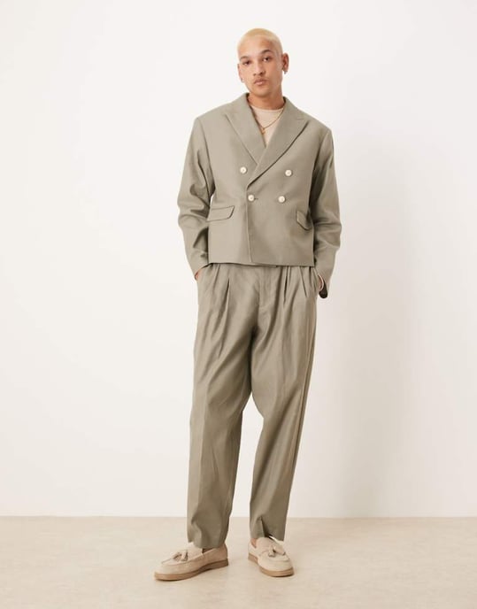 ASOS DESIGN linneblandning oversized tapered kostymbyxor i khaki - Image 1