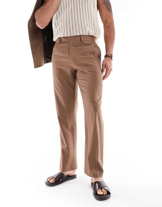 ASOS DESIGN linneblandning tapered kostymbyxor i brunt - BRUNT - Image 2
