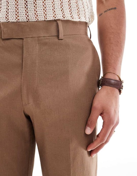 ASOS DESIGN linneblandning tapered kostymbyxor i brunt - BRUNT - Image 3