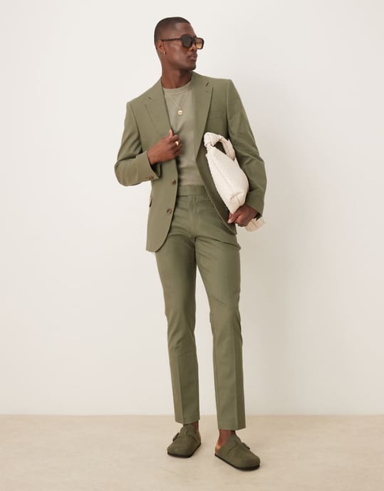 ASOS DESIGN linen blend skinny suit trousers in olive - Image 1
