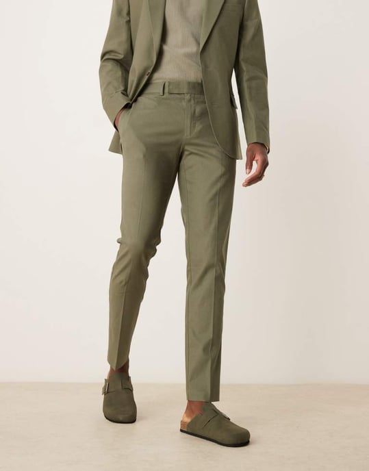 ASOS DESIGN linen blend skinny suit trousers in olive - Image 2