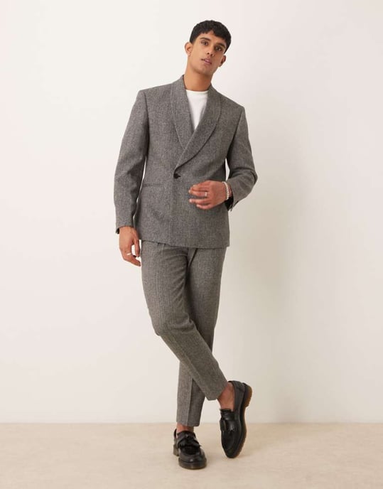 ASOS DESIGN tapered suit trousers in grey herringbone - Image 1