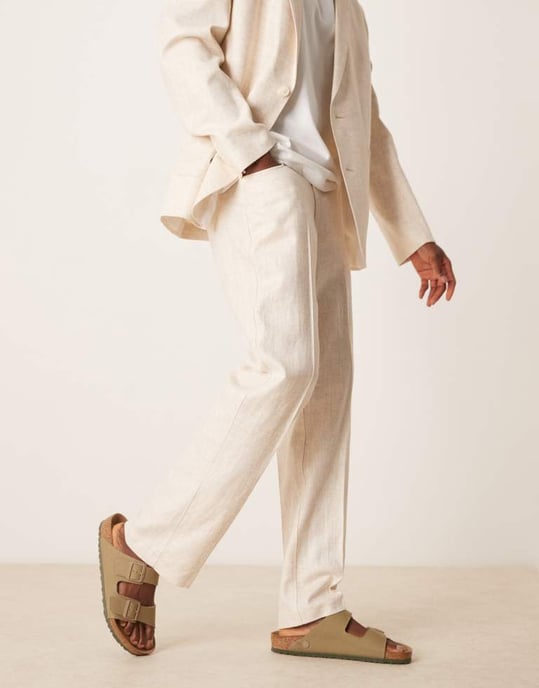 ASOS DESIGN linen cotton blend straight suit trousers in stone twill - Image 2
