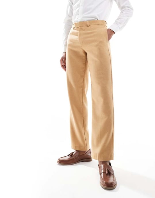 ASOS DESIGN raka kostymbyxor i ull i kamelfärgad korgväv - Image 2