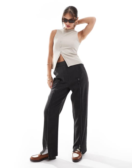 ASOS DESIGN dragkedja ben skräddarsydda byxor i kolgrå - Image 1