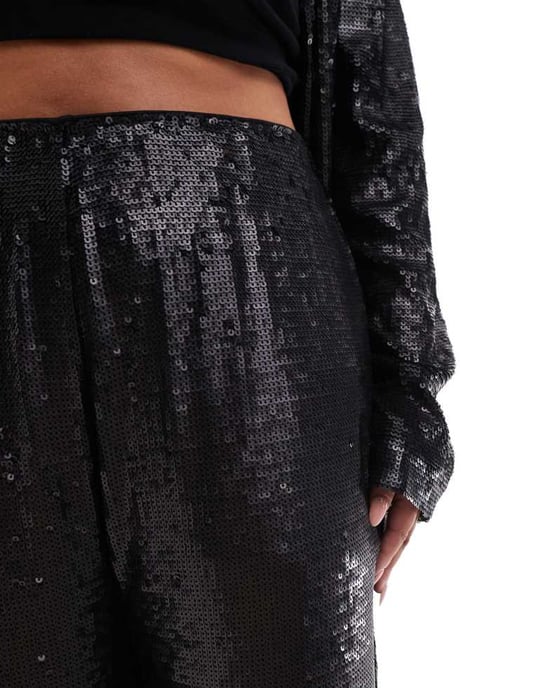 ASOS DESIGN Curve skräddarsydda paljettankle-grazernbyxor i svart - Image 3