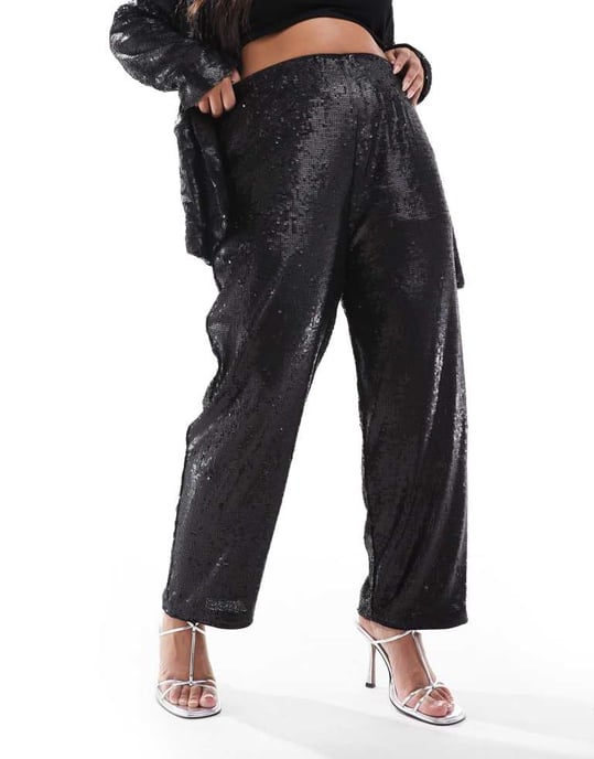 ASOS DESIGN Curve skräddarsydda paljettankle-grazernbyxor i svart - Image 4