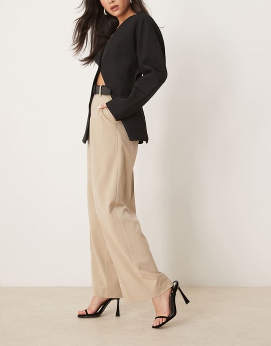 ASOS DESIGN tailored relaxed trousers with faux leather belt in stone - Image 4