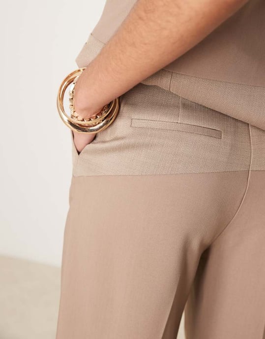 ASOS DESIGN tailored mixed fabric straight leg trousers co-ord in mocha - BROWN - Image 4