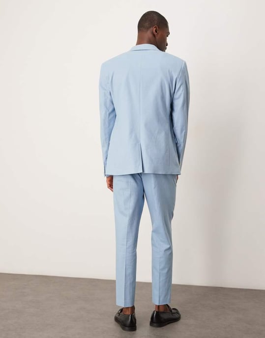 ASOS DESIGN linen blend tapered suit chino trousers in light blue - Image 4