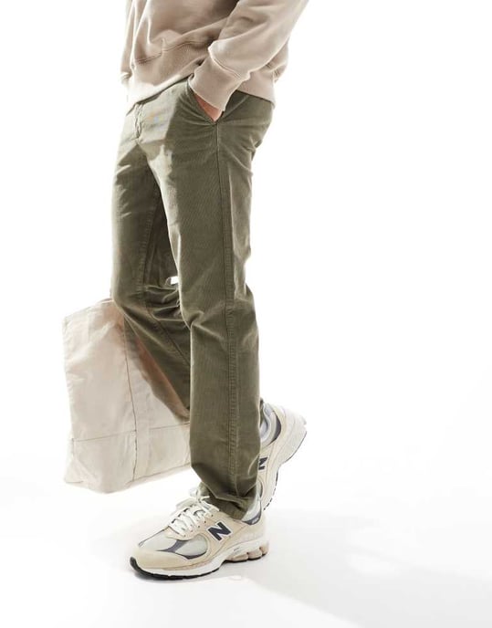 ASOS DESIGN slim cord chinos i tvättad khaki - Image 2