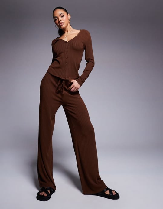 ASOS DESIGN co-ord wide rib wide leg trouser in chocolate - Image 1