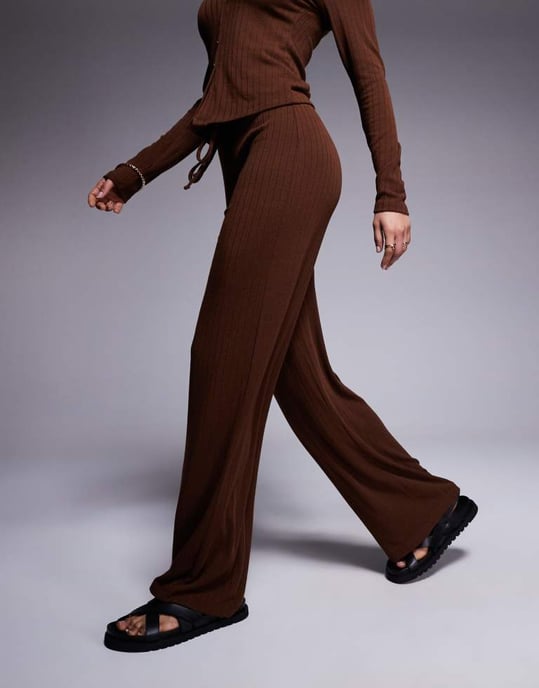 ASOS DESIGN co-ord wide rib wide leg trouser in chocolate - Image 2