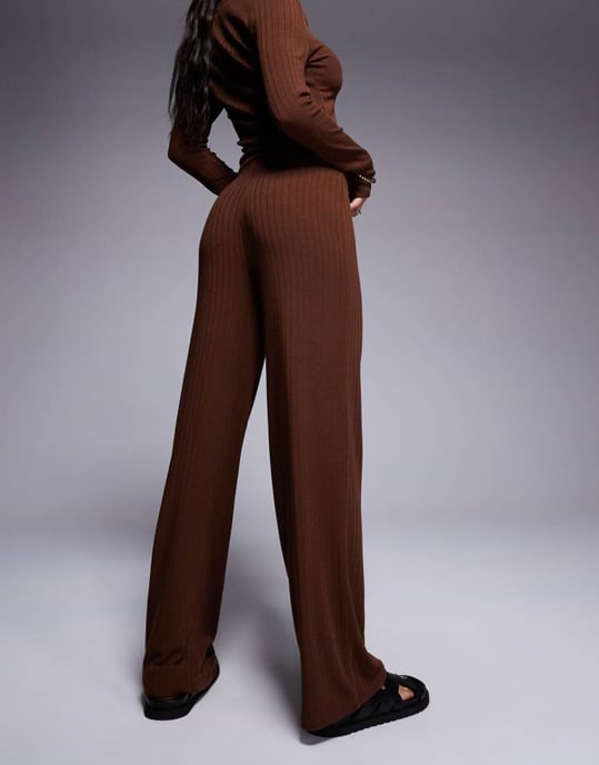 ASOS DESIGN co-ord wide rib wide leg trouser in chocolate - Image 4