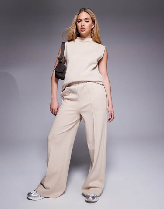 ASOS DESIGN co-ord interlock wide leg trouser in neutral - Image 1