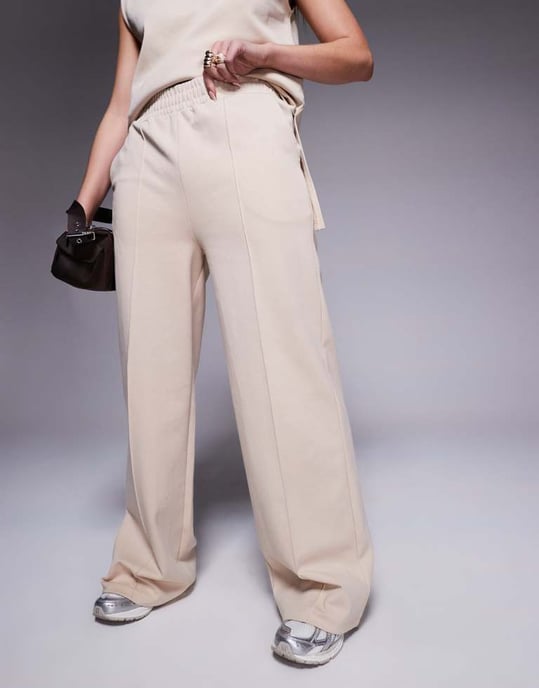 ASOS DESIGN co-ord interlock wide leg trouser in neutral - Image 3
