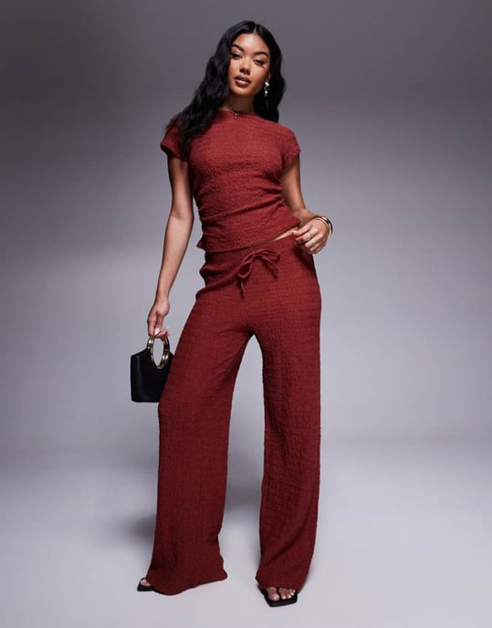 ASOS DESIGN textured wide leg pull on trousers in brown - Image 1