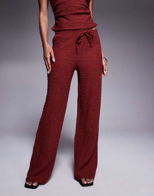 ASOS DESIGN textured wide leg pull on trousers in brown - Image 2