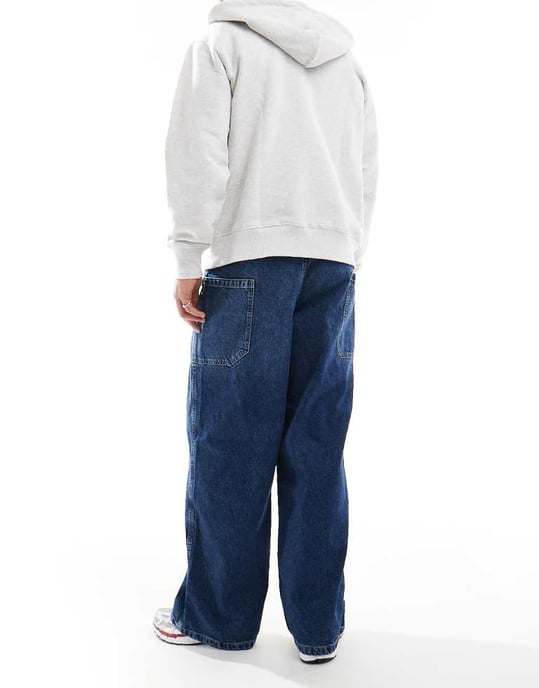 ASOS DESIGN lösa jeans med sidofickdetaljer i mörkblåtvätt - Image 3