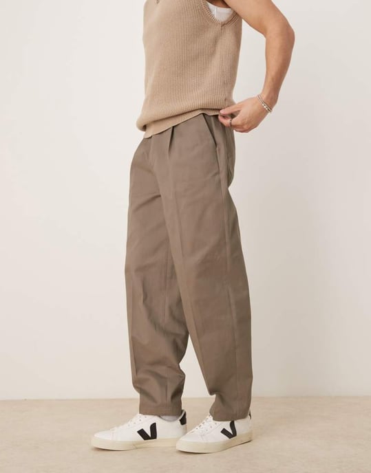 ASOS DESIGN smart oversized tapered cotton chino trousers with side adjusters in khaki - Image 3