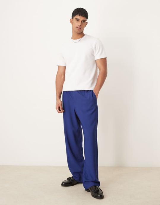 ASOS DESIGN smart vida byxor med elastisk midja i marinblå - Image 1