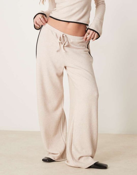 ASOS DESIGN wide leg brushed trouser with piping detail co ord in cream - Image 2