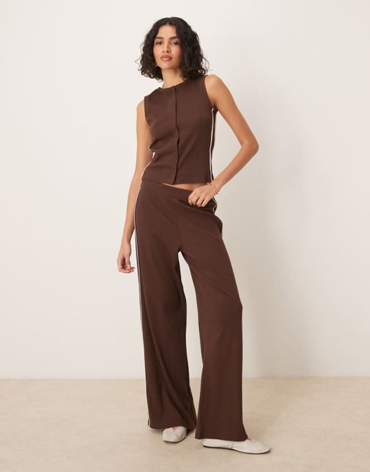ASOS DESIGN co-ord super wide leg trouser with contrast piping in brown - Image 1