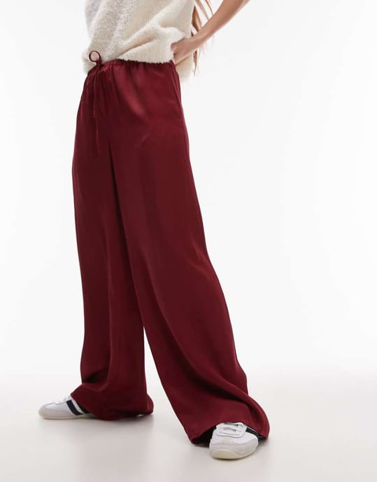 Topshop satinband midja vida benbyxor i burgund - Image 1