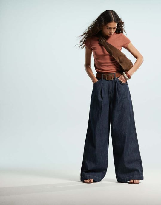 Wrangler co-ord denim pleated wide leg trouser in dark blue - Image 3