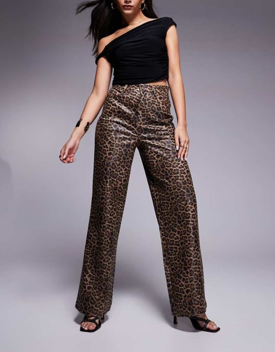 ASOS DESIGN leather look wide leg trousers in leopard - Image 1