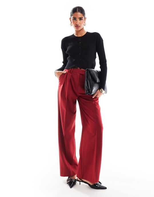 ASOS DESIGN tailored wide leg trousers with pleat detail in red - Image 1