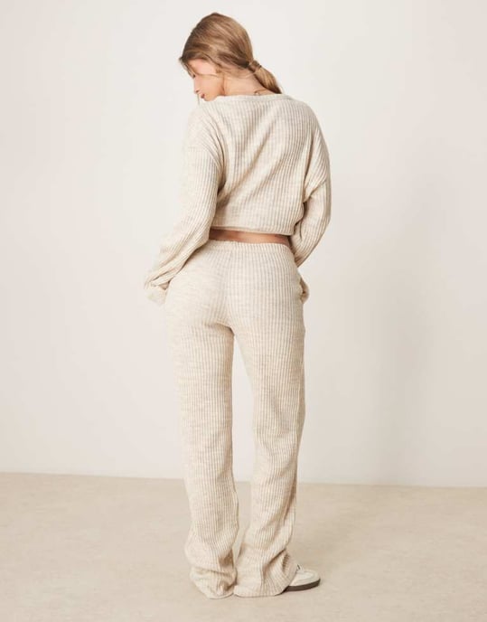ASOS DESIGN co-ord brushed ribbed wide leg trouser in ecru - Image 2