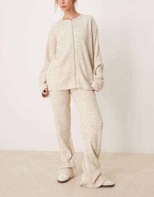 ASOS DESIGN co-ord brushed ribbed wide leg trouser in ecru - Image 3
