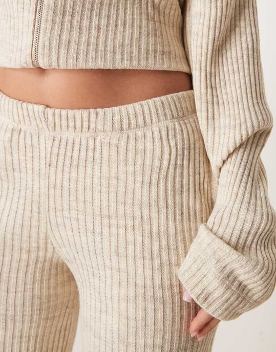 ASOS DESIGN co-ord brushed ribbed wide leg trouser in ecru - Image 4