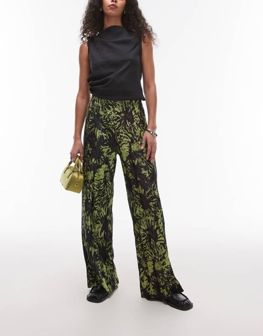 Topshop plisserad heltryckt abstrakt blommig vida byxor i grön - Image 2
