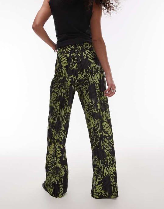 Topshop plisserad heltryckt abstrakt blommig vida byxor i grön - Image 4